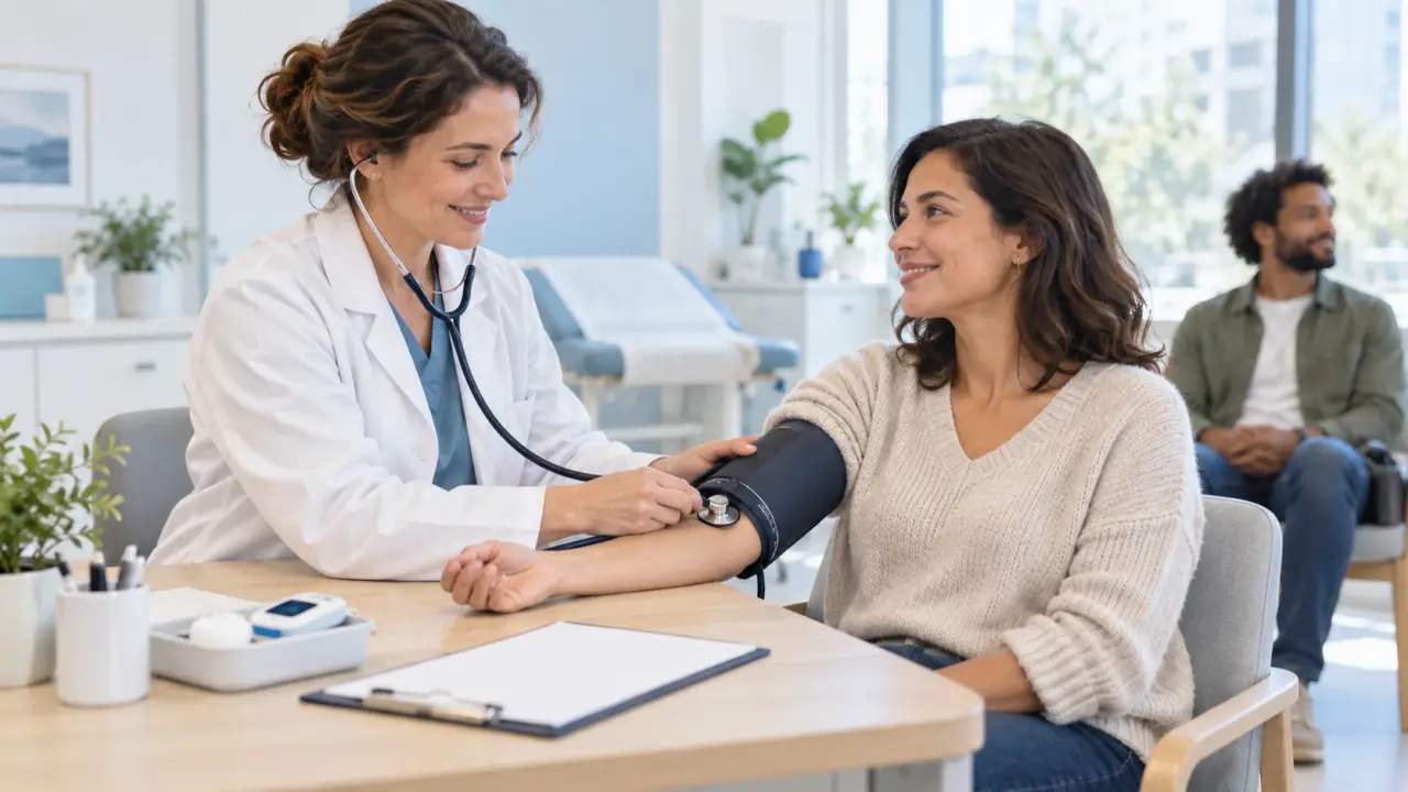 Professionnel de santé expliquant des examens de prévention à un patient