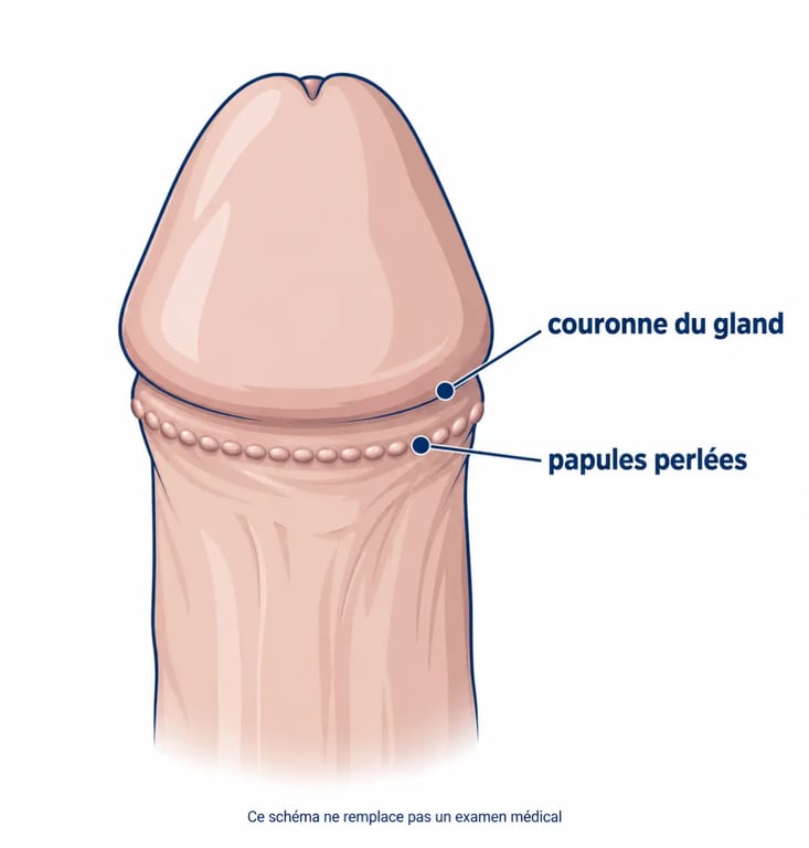 Papule perlee : schéma anatomique de la couronne du gland et de la disposition régulière des papules perlées