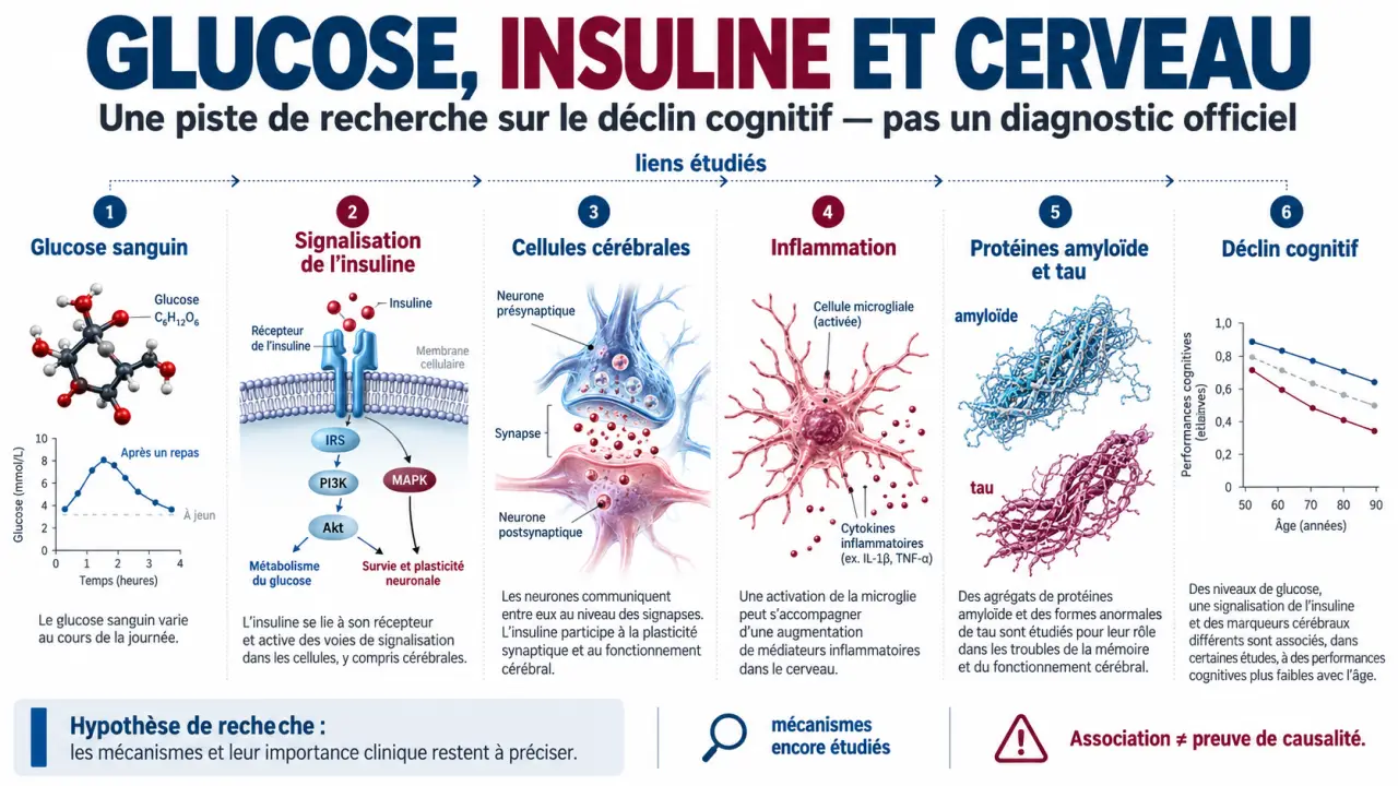 Schéma explicatif du diabète type 3 et des mécanismes étudiés dans le cerveau
