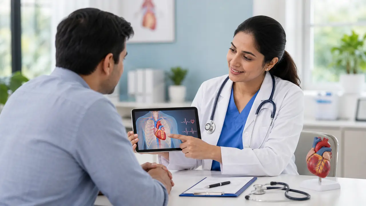 Professionnel de santé expliquant une douleur thoracique à un patient dans un cabinet moderne
