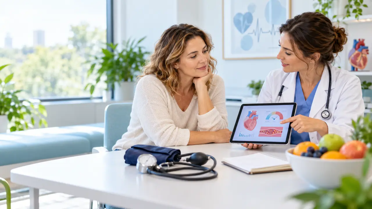 Professionnel de santé expliquant un bilan de cholestérol à un patient