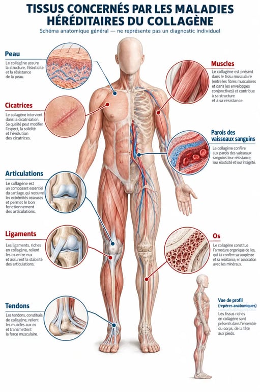 Schéma des maladies du collagène : symptômes cutanés, articulaires, musculaires, osseux et vasculaires