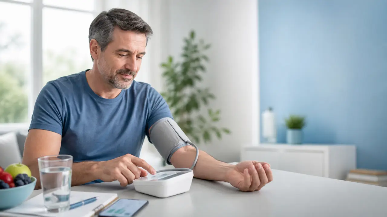 Professionnel de santé expliquant la tension artérielle à un patient dans un cabinet lumineux