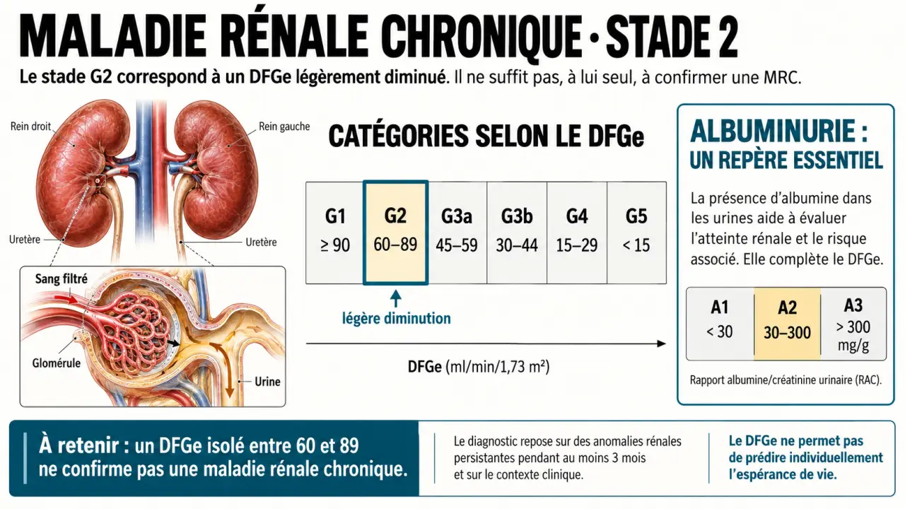 Infographie sur l’insuffisance rénale stade 2 et l’espérance de vie, avec DFGe, albuminurie et stades de maladie rénale chronique
