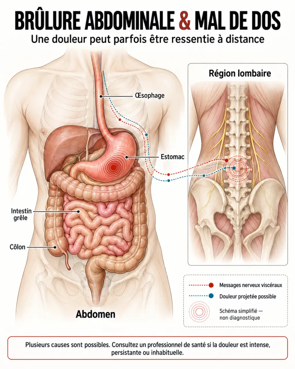 Schéma expliquant le lien possible entre brûlure intestinale et mal de dos