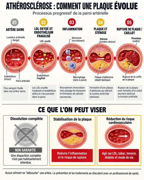 Infographie expliquant pourquoi les aliments ne peuvent pas dissoudre les plaques d’athérome et comment réduire le risque cardiovasculaire