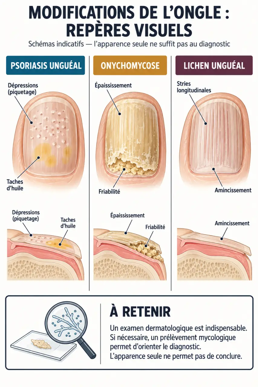 Infographie pour distinguer le psoriasis unguéal de la mycose et du lichen de l’ongle