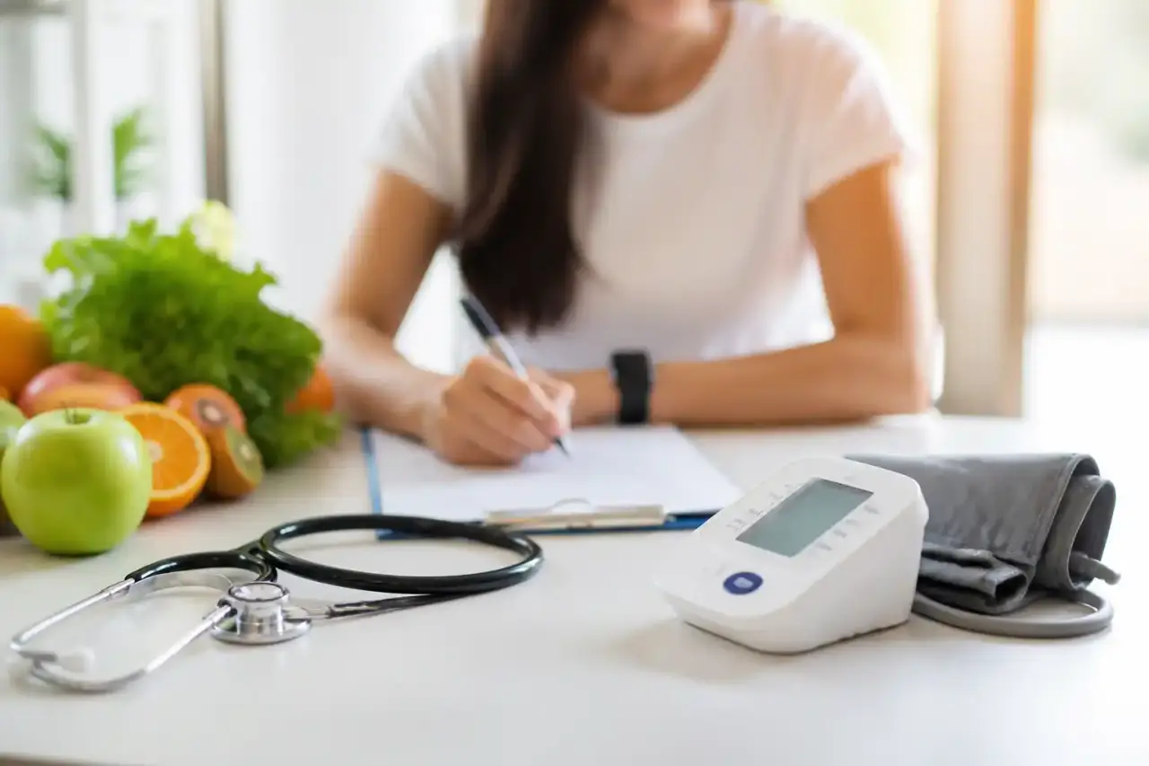 Professionnel de santé expliquant un bilan médical à un patient