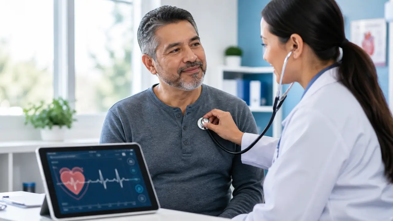 Professionnel de santé expliquant un schéma du cœur à un patient dans un cabinet moderne