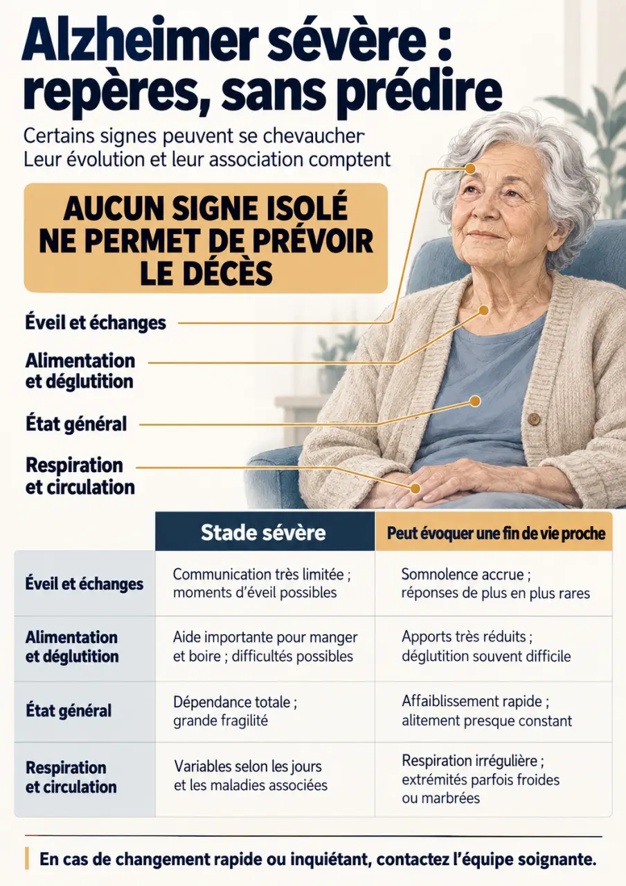 Infographie sur les signes de fin de vie pour un Alzheimer et la différence avec un stade sévère