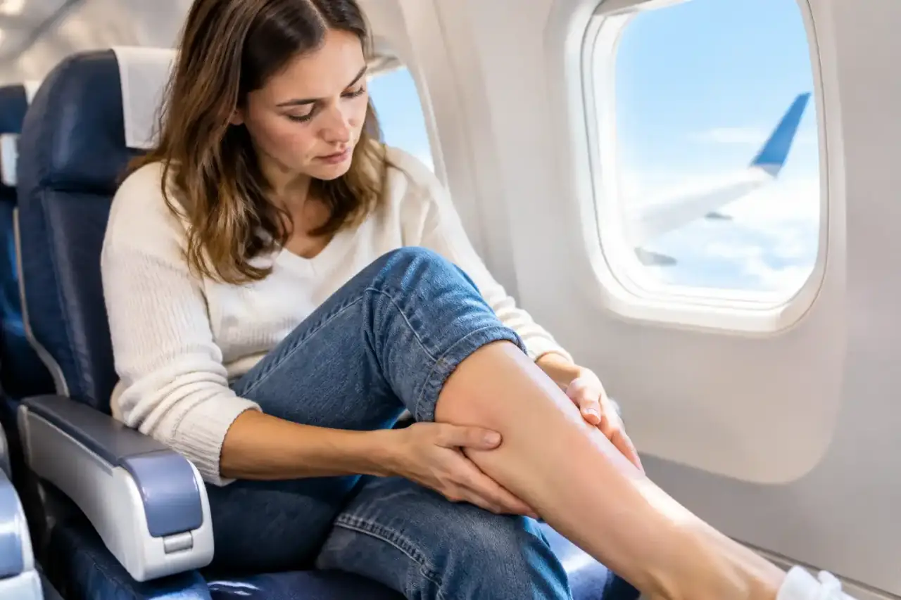 Personne présentant un mollet gonflé après un trajet en avion