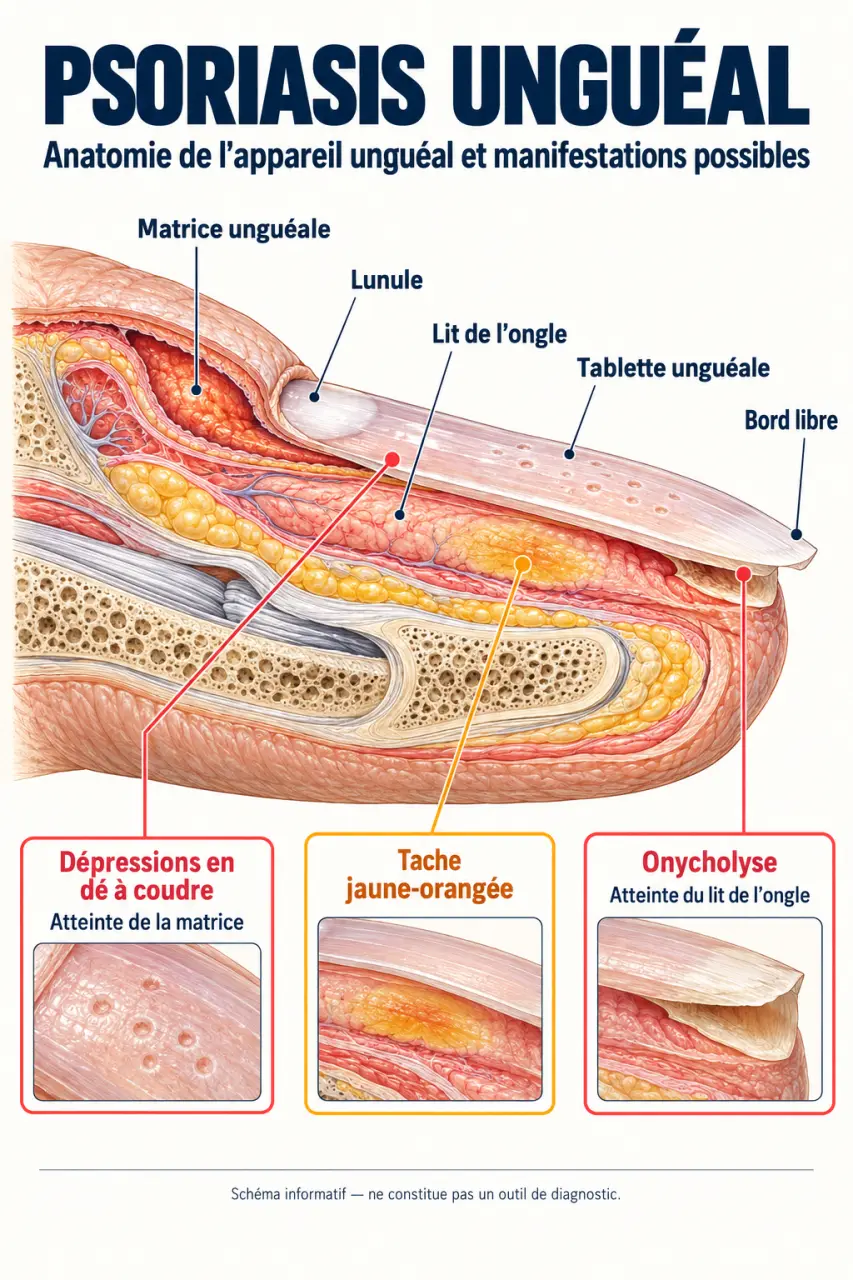 Schéma des zones de l’ongle touchées par le psoriasis unguéal : matrice, lit de l’ongle et onycholyse