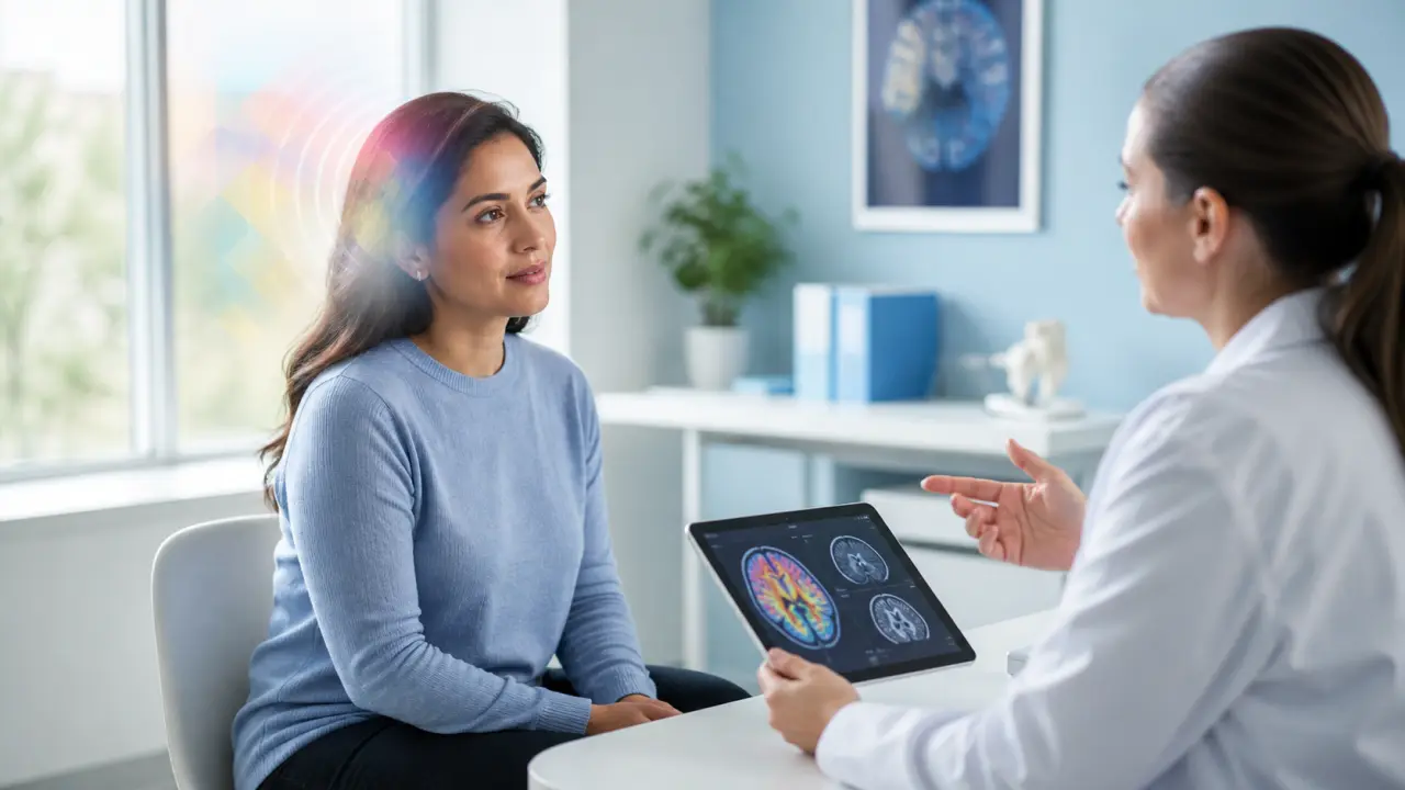 Professionnel de santé expliquant un schéma médical à un patient dans un cabinet lumineux