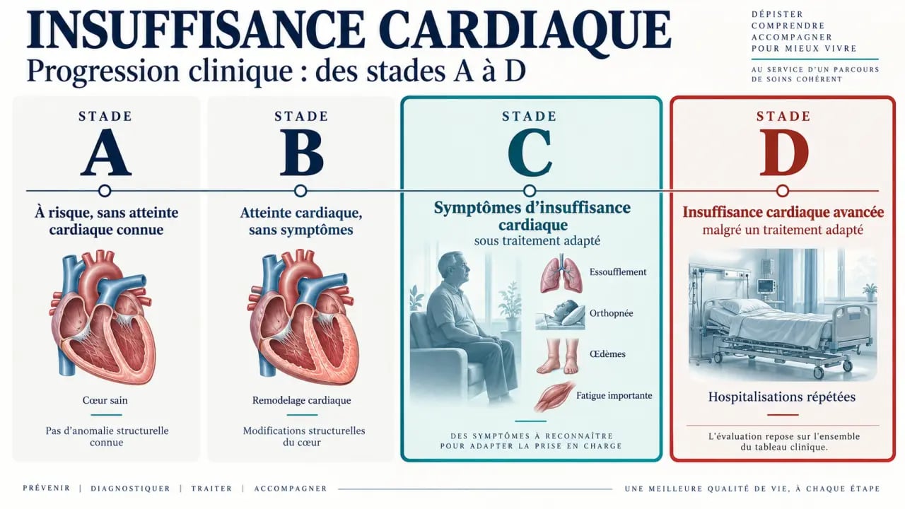 Insuffisance cardiaque dernier stade : schéma des stades A à D et des principaux signes d’aggravation