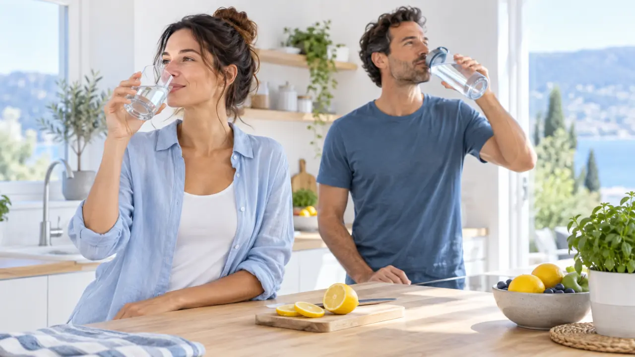 Verre d’eau posé dans un environnement lumineux et apaisant