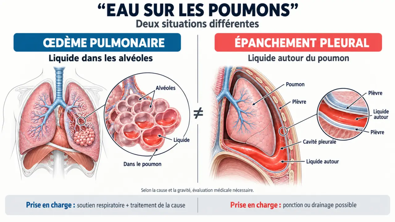 Infographie sur l’eau sur les poumons comparant œdème pulmonaire et épanchement pleural
