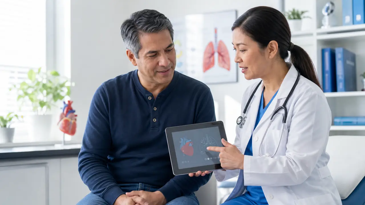 Professionnel de santé expliquant les causes possibles d’un essoufflement à un patient dans un cabinet médical moderne