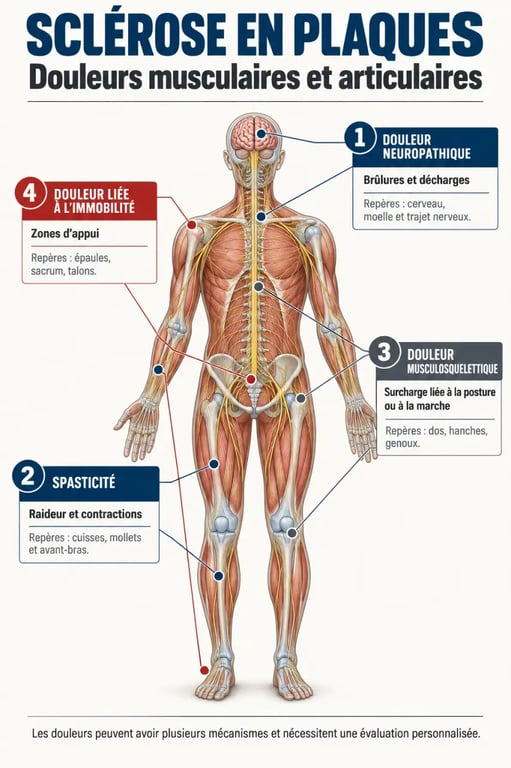SEP douleurs musculaires et articulaires : infographie des principaux mécanismes et zones concernées