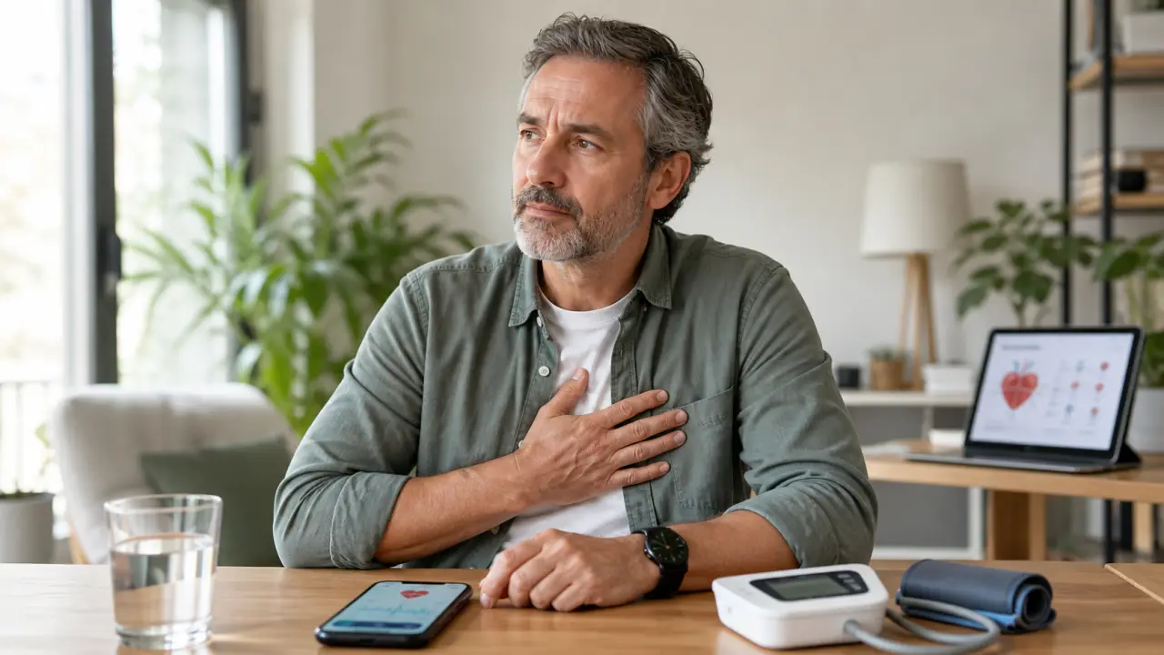 Professionnel de santé expliquant un schéma cardiaque à un patient dans un cabinet moderne