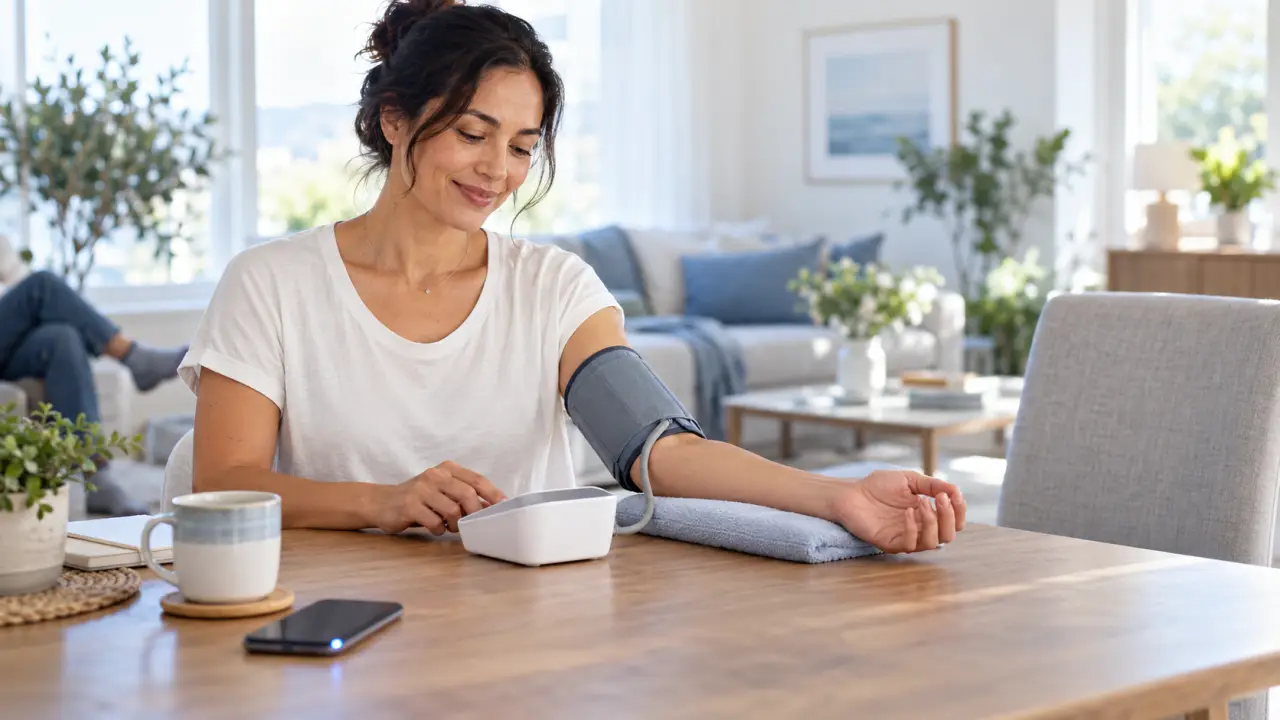 Professionnel de santé expliquant la mesure de la tension artérielle à un patient